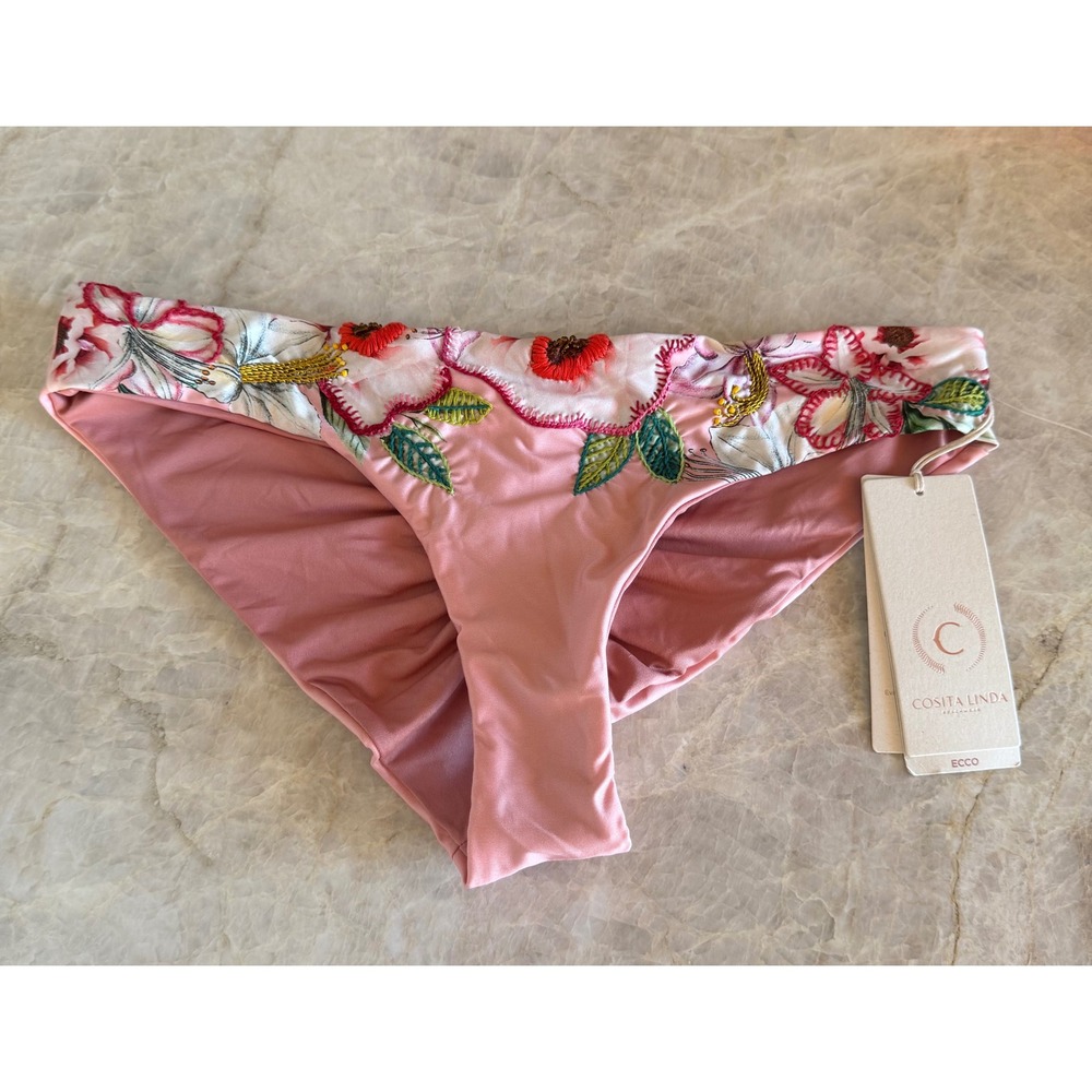Cosita Linda Beachwear Pink Floral Embroidered Cheeky Bikini Bottom NWT L
